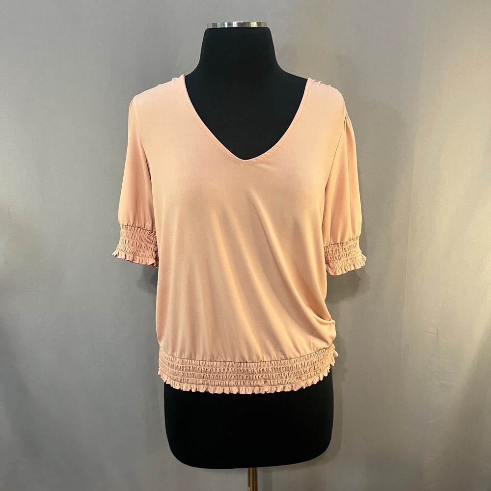 INC International Concepts Top Womens Medium Beige Stretch V Neck Smocked Trim